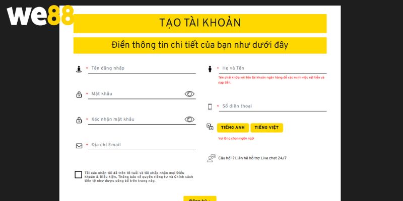 Chi tiết từng thao tác đăng ký tài khoản tại nhà cái WE88
